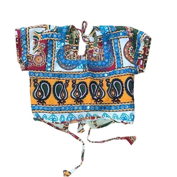 Blue and Yellow Short Sleeve Crop Blouse with Tie Front - Picture 1 of 13